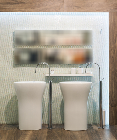 Washbasin and mirror in modern bathroom interiorの写真素材