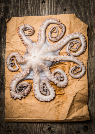 Whole fresh raw octopus on paper on rustic wooden table, top view and copy spaceの写真素材