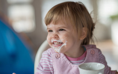 Close up portrait of little girl with messy face drinking yogurtの写真素材