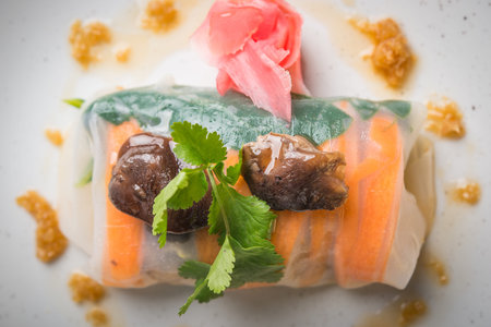 Close up of vegan spring rolls in plate