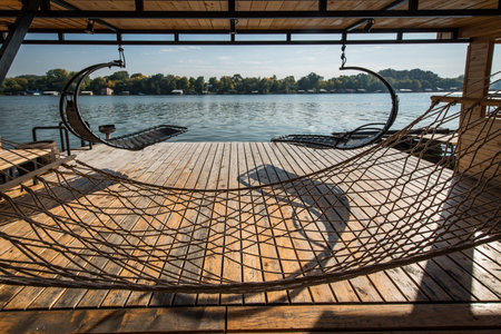 Outdoor hammocks on terrace of house by riverの写真素材