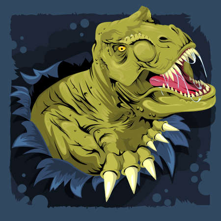 T Rex cartoon dinosaur ripping through a wall on a dark blue background. Vector illustrationのイラスト素材