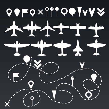 Plane route line. Planes dotted line trail directions, flight pathway direction map builder and airplane. Vector illustrationのイラスト素材