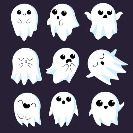 Little cute ghosts collection. Illustrations for Halloween in cartoon style with different emotions. Cartoon spooky character. Vector illustrationsのイラスト素材