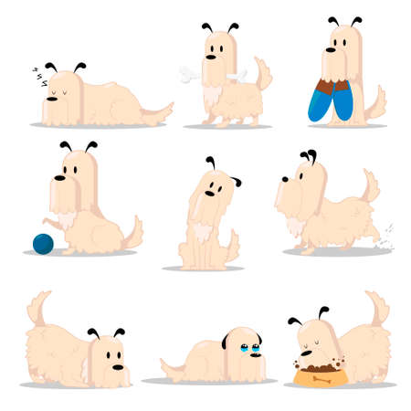 Set of dogs, isolated on white background. Dog daily routine set, cute little dog in his everyday activity. Flat vector illustrationのイラスト素材
