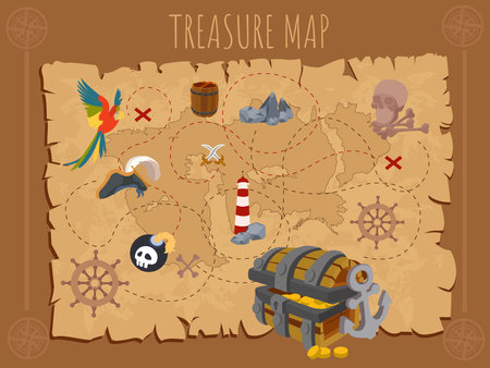 Old pirate map on ancient paper. Map on parchment. Pirate adventures with treasure island. Vector illustrationのイラスト素材