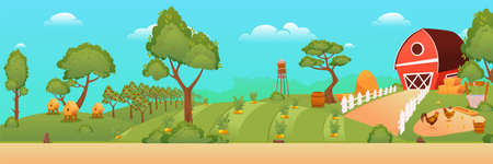 Farm background illustration. Rural scene with farm and fields with harvest. Vector illustrationのイラスト素材