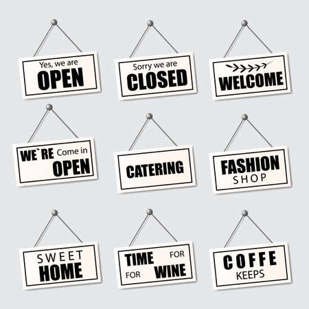 Set of Realistic signs open, closed and welcom. Business sign concept for shop. Vector ilustrationのイラスト素材