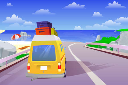Car summer trip to the sea on weekend holiday. Vacation travelling concept. Ocean background on road, tourism concept, cartoon style. Vector illustrationのイラスト素材