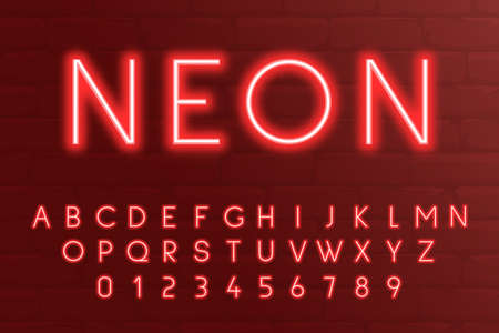 Neon light 3d alphabet, 3d letters and numbers red colours. Extra glowing font.  Vector illustration のイラスト素材