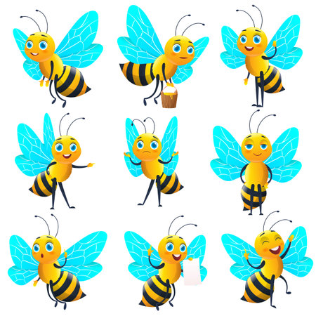 Collection of cartoon cute bee. Character set. Cute honey bee and funny yellow bee mascot set. Vector illustrationのイラスト素材