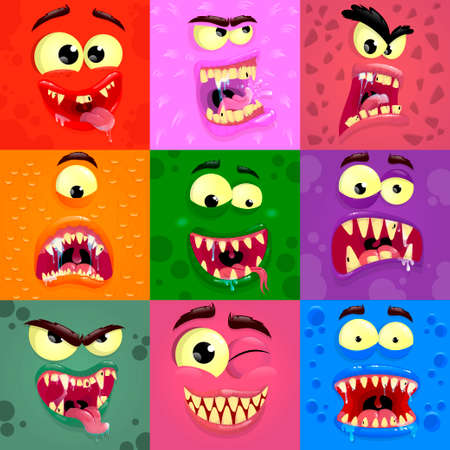 Cartoon monster faces set. Colorful square funny monsters face with different emotions. Vector illustrationのイラスト素材