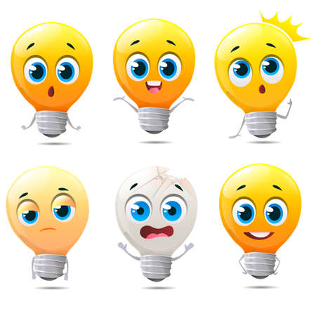 Set of cute light bulbs characters. Light bulb idea with creative drawing set of different emotions, faces and with different actions on white background. Vector illustrationのイラスト素材