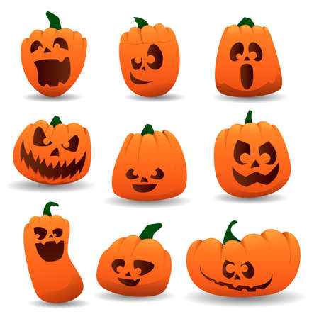 Collection pumpkin character on a white background. The main symbol of the holiday is Halloween. Halloween pumpkins. Orange pumpkin with a smile for your design. Vector illustrationのイラスト素材