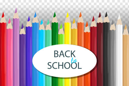 Set of realistic school colorful pencils. Let's go back to school subjects. Wooden colorful pencils on a transparent background. Template for education. Vector illustrationのイラスト素材