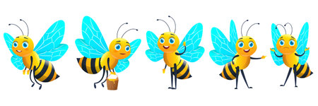 Cartoon bee with honey set. Cute honey bee and funny yellow bee mascot set. Vector illustration