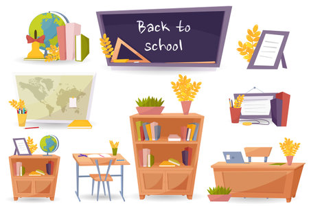 School objects icons, back to school. Various school and educational supplies. Education conception. Vector illustrationのイラスト素材