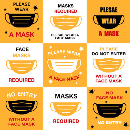 Set of sign please wear a mask. Sign for  please wear a face mask avoid virus. Attention signs, mask instruction, warning or caution signs. Vector illustrationのイラスト素材