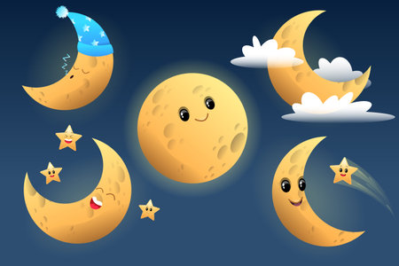 Cartoon cute moon character. Illustration for children, happy moon, sleep moon, cartoon character in...