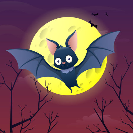 Cartoon cute bat flying against the background of a round and large moon. Design for Halloween; Halloween mood. Woodland in the background with the moon. Vector illustrationのイラスト素材