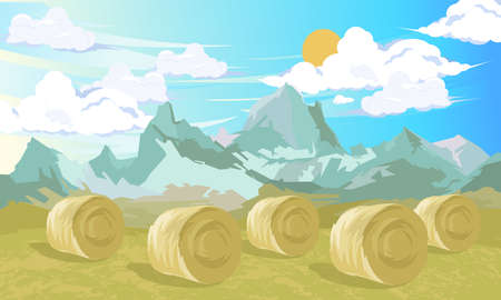 Rural landscape with baley of hay. Pattern with farmland countryside. Haystack on field. Vector illustrationのイラスト素材