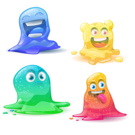Funny little cute cartoon colorful glitter set. Cartoon litter slime characters set. Slime dribbles and alien slimy. Vector illustrationのイラスト素材
