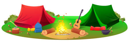 Camping with tents, hiking equipment tents, tools. Tent, forest, sky, camping, burning fire. Camping theme. Vector illustrationのイラスト素材