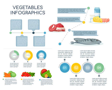 Vector products infographics . Fruits and food component: dietary fiber, proteins, fats and carbohydrates. Dairy products, meat, vegetables, fruits, fish. Vector illustrationのイラスト素材