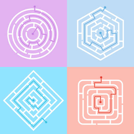 Maze game round, square, rhombus and hexagon. Labyrinth shape design element. Labyrinth games of different shapes and complexity. One sure way is to find your way to the center. Vector illustrationのイラスト素材