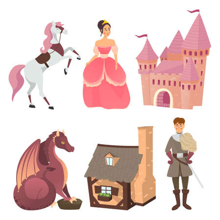 Cartoon fairy  prince, princess and dragon with a magic castle fairy tale. Fairy tale characters are set in different costumes. Vector illustrationのイラスト素材