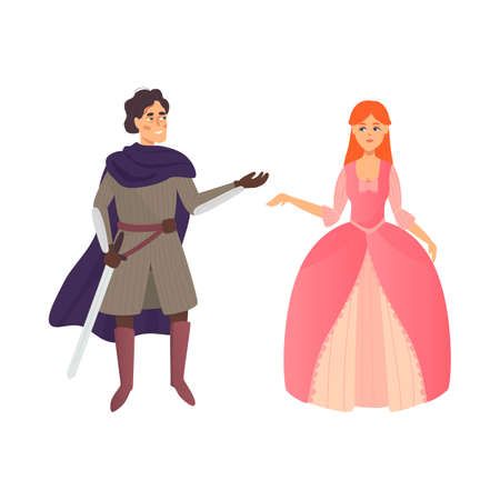 Fairy tale characters for a story or a cartoon. A happy ending. The prince freed the princess from the castle. Vector illustrationのイラスト素材