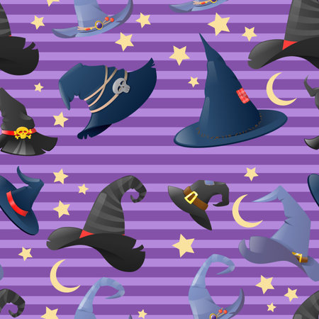 Halloween background with collection of cartoon witch hats. Hats your halloween design, colorful icons set. Festive carnival headwear. Vector illustrationのイラスト素材