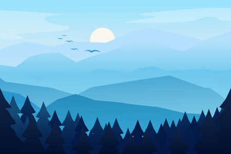 Mountain landscape with mountain. Morning landscape, sunrise in the mountains, panoramic view with hill and forest. Vector illustrationのイラスト素材