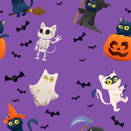 Collection of Halloween on backgraund characters cats. Cats are dressed in a witch, pumpkin, ghost, zombie, skeleton, death costume. Halloween outfit collection. Vector illustrationのイラスト素材