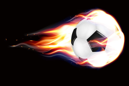 Football balls flying. A flaming soccer ball flying against a black background. Realistic 3d sport inventory. Tournament design sport element. Vector illustrationのイラスト素材