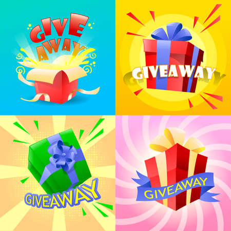 Giveaway poster and template gift box. Giveaway banner template design for social media post. Give away gifts, winner reward and gift prize draw social media posts. Vector illustrationのイラスト素材