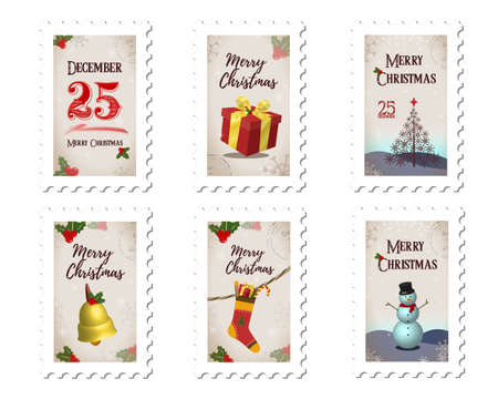 Collection of postage stamps Merry Christmas. Christmas icons on white background. Happy holidays lettering and snowflakes. Christmas postage stamps set. Vector illustrationのイラスト素材
