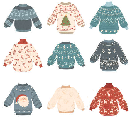 Ugly christmas sweaters supply. Cartoon cute woolen jumper. Traditional knitted clothes with different prints. Cute ugly christmas sweaters. Vector illustrationのイラスト素材