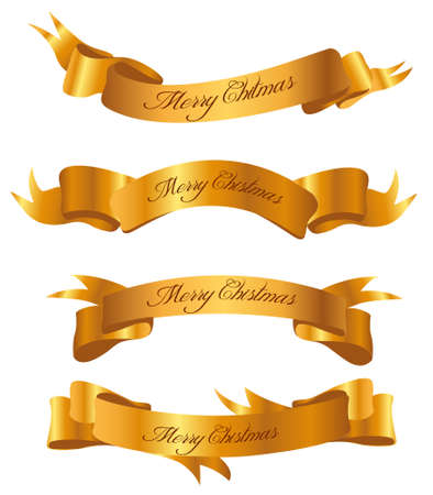 Set of Christmas gold ribbon. Christmas sticker and ribbon with wishes of Merry Christmas and Happy New Year. Realistic golden vector ribbon. Vector illustrationのイラスト素材