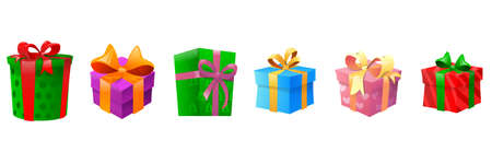 A beautiful gift boxes with ribbon for Christmas and New Year Holidays set. Colorful gift boxes isolated party objects. Set of many gift box.  A pleasant surprise, joy and a festive mood. Vector illustrationのイラスト素材