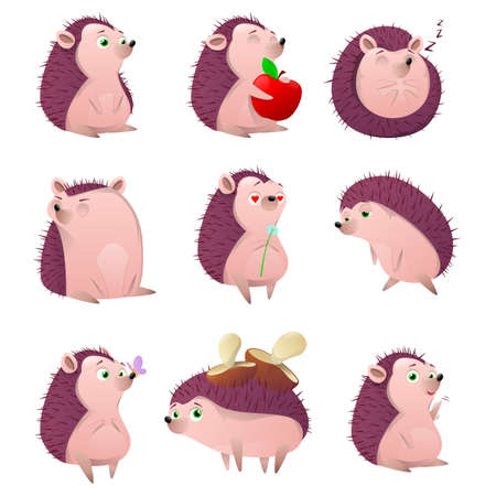 Cartoon hedgehog character set. Cartoon prickly animal  in different poses on a white background.  Forest animal, spiny mammal. Cute hedgehog with apple and mushrooms. Vector illustrationのイラスト素材