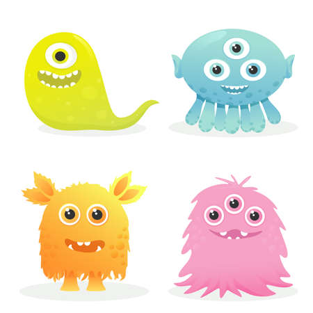 Monsters character set. Monster colorful round silhouette icon set. Eyes, tongue, tooth canine, hands up. Cartoon monsters on white background. Vector illustrationのイラスト素材