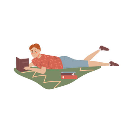 The boy is reading a book while lying on the floor. Reading people on a white background. Read more concept books. People go to read. Vector illustrationのイラスト素材