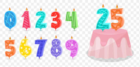 Candles and anniversary numbers candle for birthday. Celebration cake candles burning lights, birthday number and party candle. Vector illustrationのイラスト素材
