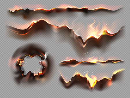Burnt paper edges with black ash. Realistic set of borders and frames from scorched and smoldering paper sheets. Banner burning frames. Vector illustrationのイラスト素材