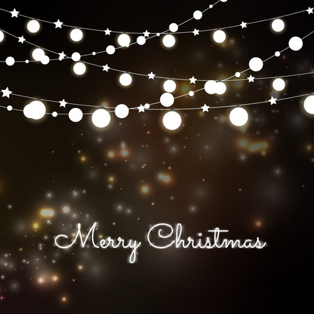 Merry Christmas and Happy New Year on night background. Merry Christmas and Happy New Year illustration with copy space. Sparkling stars on bokeh background. Vector illustrationのイラスト素材