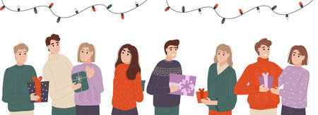 People exchange gift boxes. Different people give beautiful gifts. Surprise concept. People give...