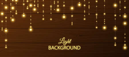 Christmas lights on wooden background. Glowing Christmas lights for Christmas holiday. Christmas lights on a dark wooden background. Collection of lamps. Vector illustrationのイラスト素材