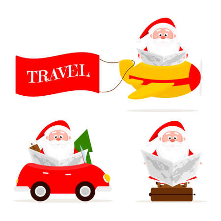 Santa and character set. Journey with santa travel. Winter vacation. Christmas holidays all over the world. funny santa with a map, suitcase, car and tickets. Vector illustrationのイラスト素材