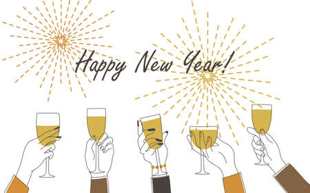 Many hands holding glasses of champagne and wine glasses, celebrating. Continuous one line drawing of hands applauding with glasses of champagne or wine. Vector illustrationのイラスト素材